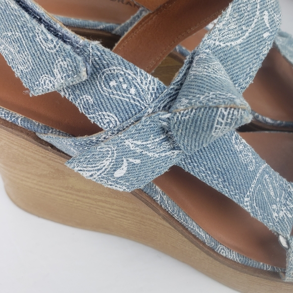 Lucky Brand Demmia wedge platform wood sandal shoe strappy printed denim new 9 - Picture 9 of 10